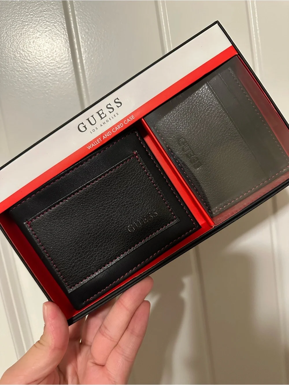 GUESS Black Mens Leather Wallet and Card Case Set with Red Stitching